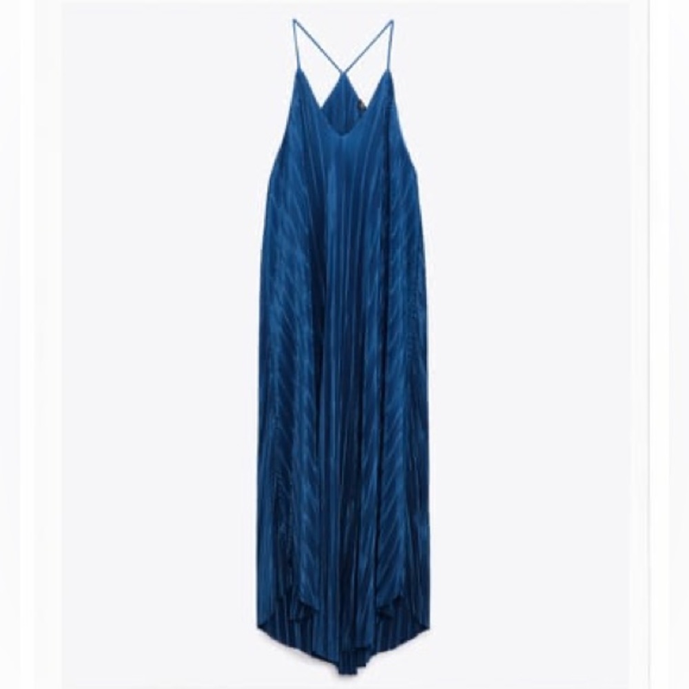 NWT! ⭐️ Zara Blue Pleated Strappy Dress Midi Length Size Small